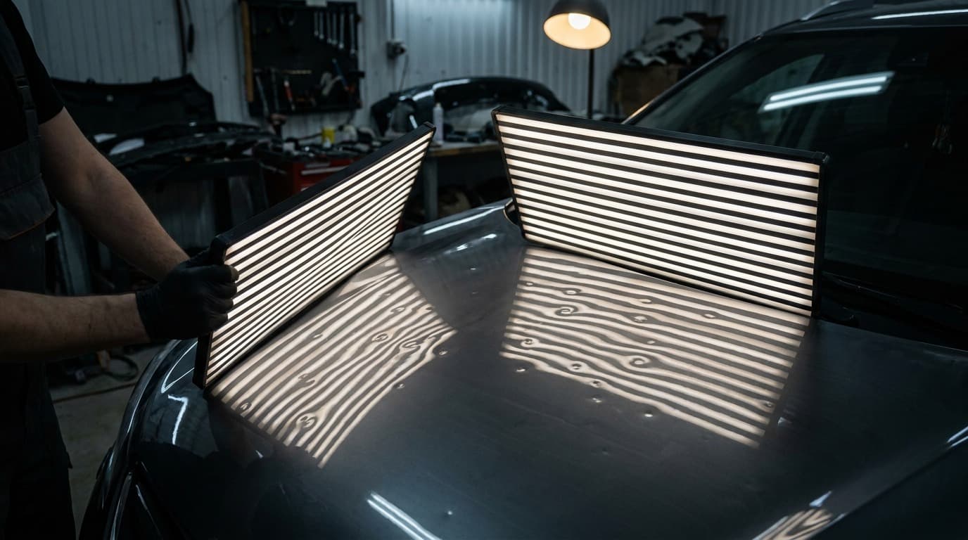 PDR technician using professional light to inspect hail dents on a vehicle